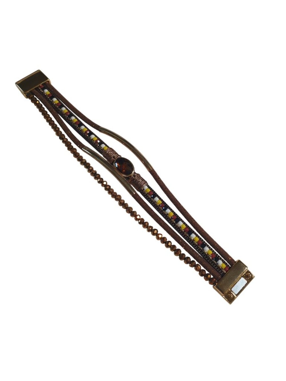 Multilayer Brown Beaded Magnetic Clasp Bracelet Gold Tone Crystal Stone Gift New